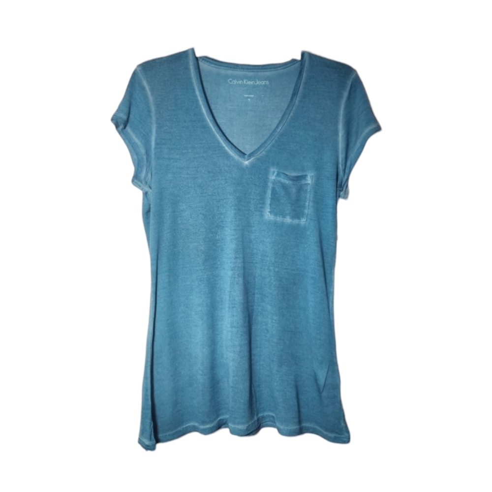 NWT Ladies Calvin Klein V-Neck Pocket Tee, Coastal Teal, Size Medium